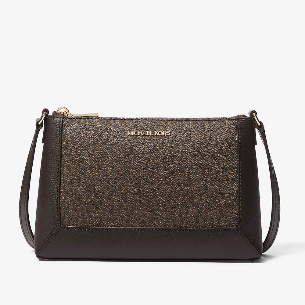 NWT MICHAEL Michael Kors Sallie Medium Signature Logo Crossbody Bag - Chocolate‎
